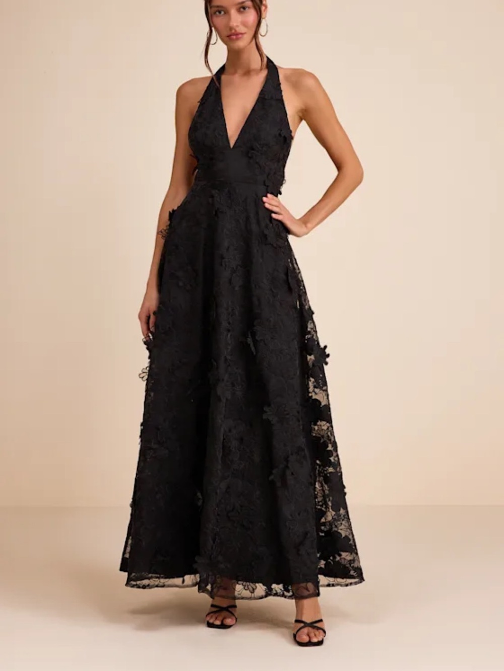 Kennia Black 3D Floral Embroidered Halter Maxi Dress